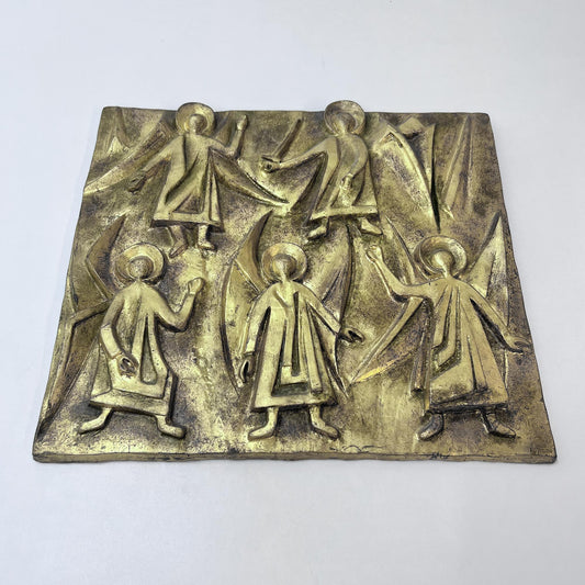 Relief-Bild mit Engeln aus Tonerde, goldfarbig