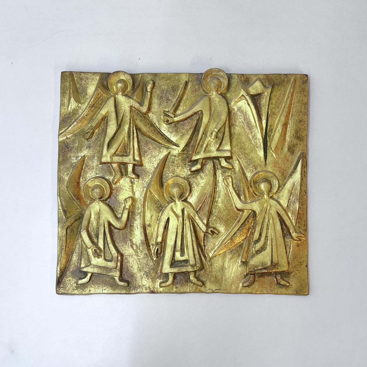 Relief-Bild mit Engeln aus Tonerde, goldfarbig
